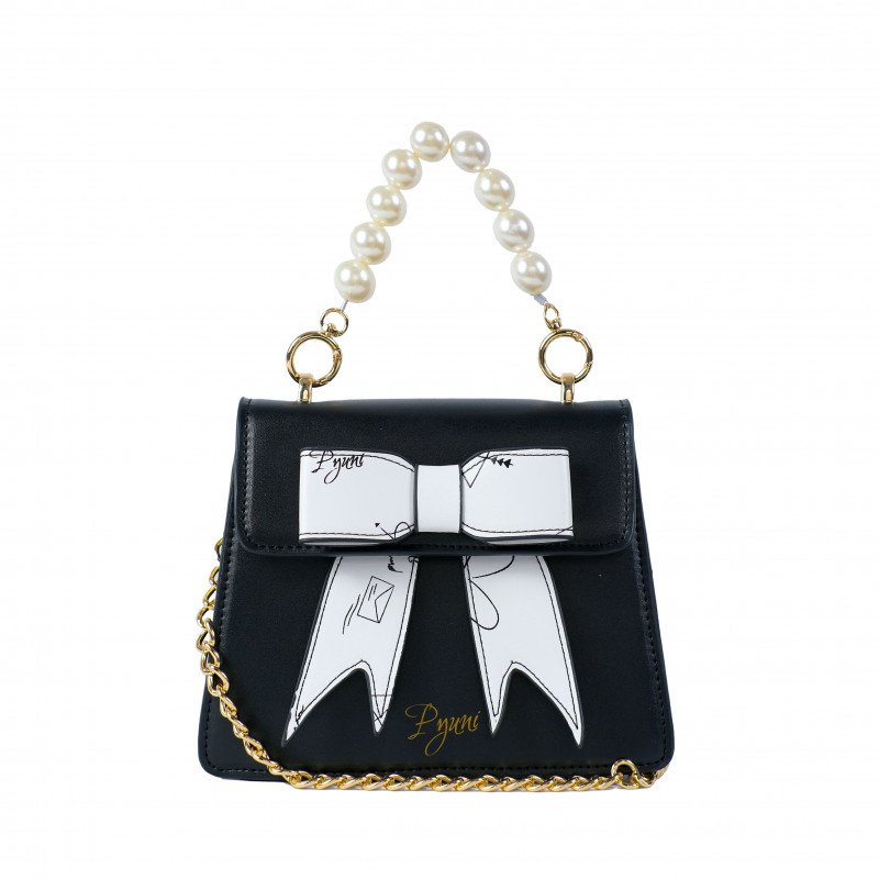 Túi xách PYUNI Pearl Bow quai ngọc phối nơ da, đeo vai, màu đen - [BMW03]
